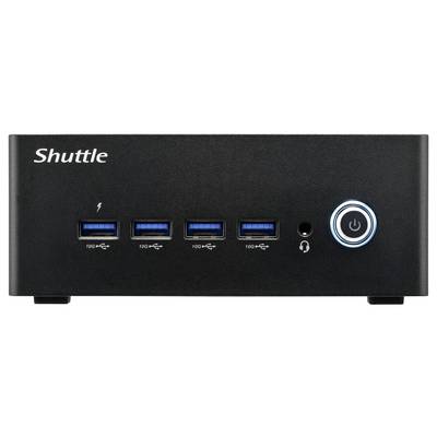 Un mini PC nero con la scritta 'Shuttle', quattro porte USB, un jack per cuffie e un tasto di accensione illuminato.