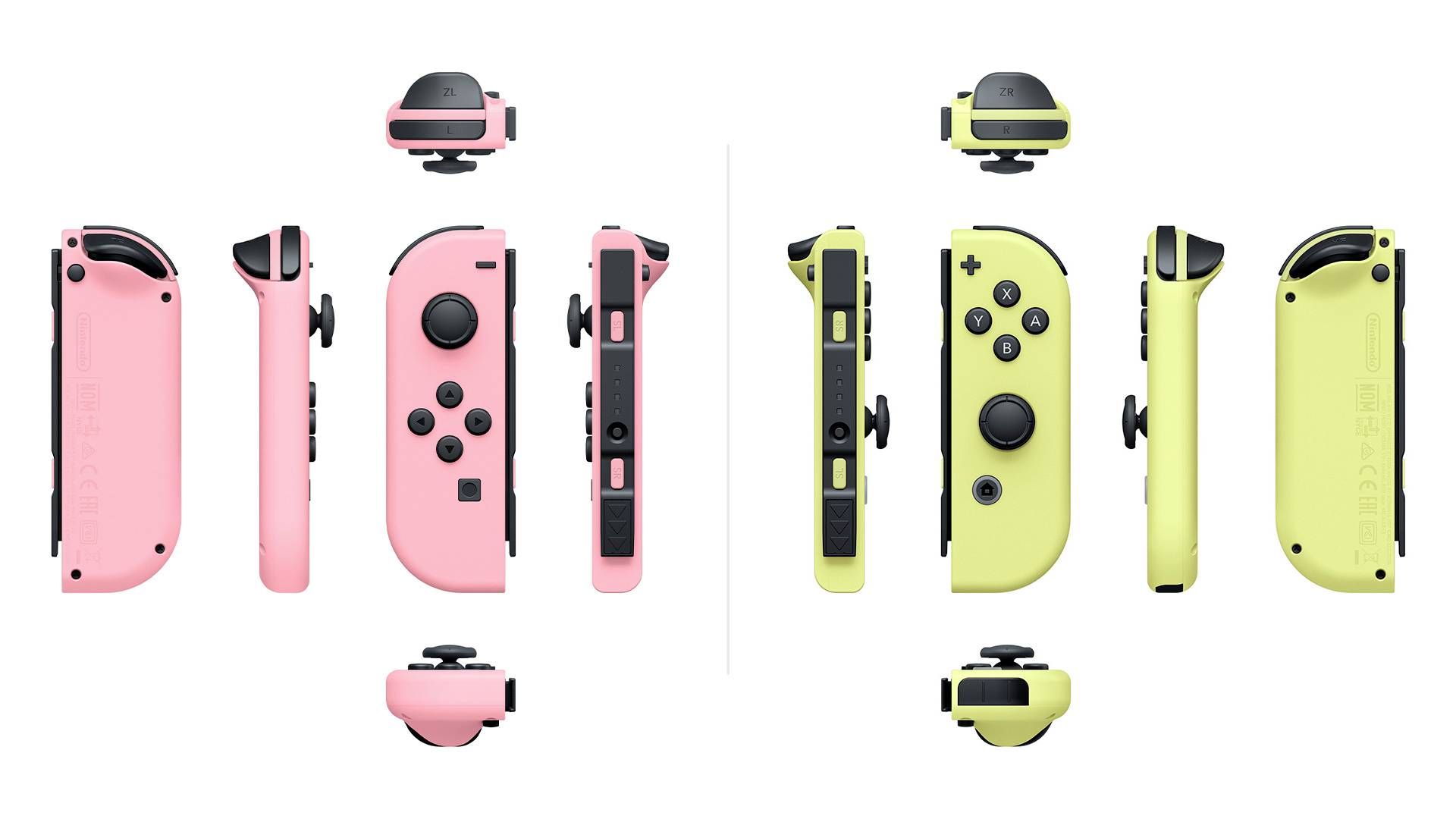 Due set di controller Joy-Con, uno a sinistra rosa e l'altro a destra giallo, con diverse angolazioni e pulsanti.