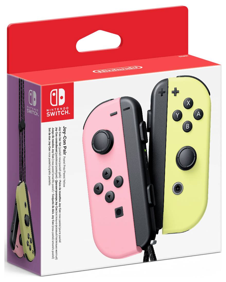 La confezione mostra una coppia di Joy-Con per Nintendo Switch nei colori rosa e giallo.