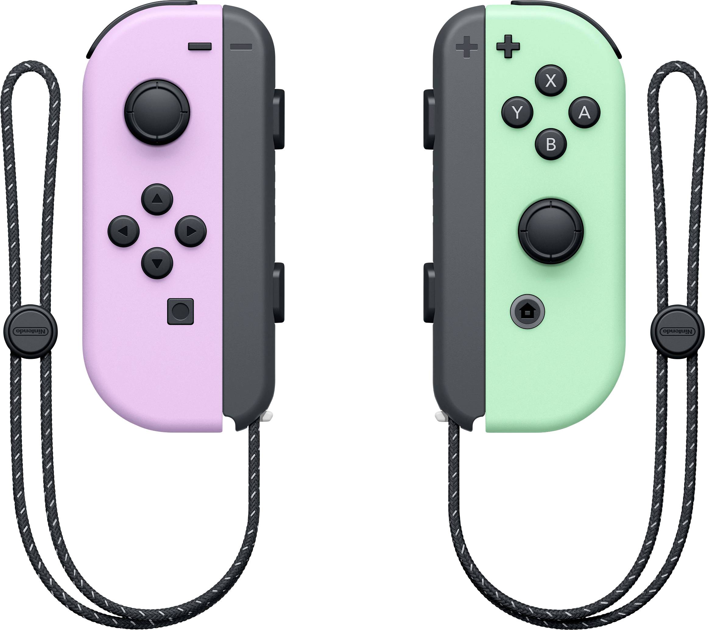 Due controller Joy-Con, uno rosa e l'altro verde. Entrambi con pulsanti neri e cinturino da polso.