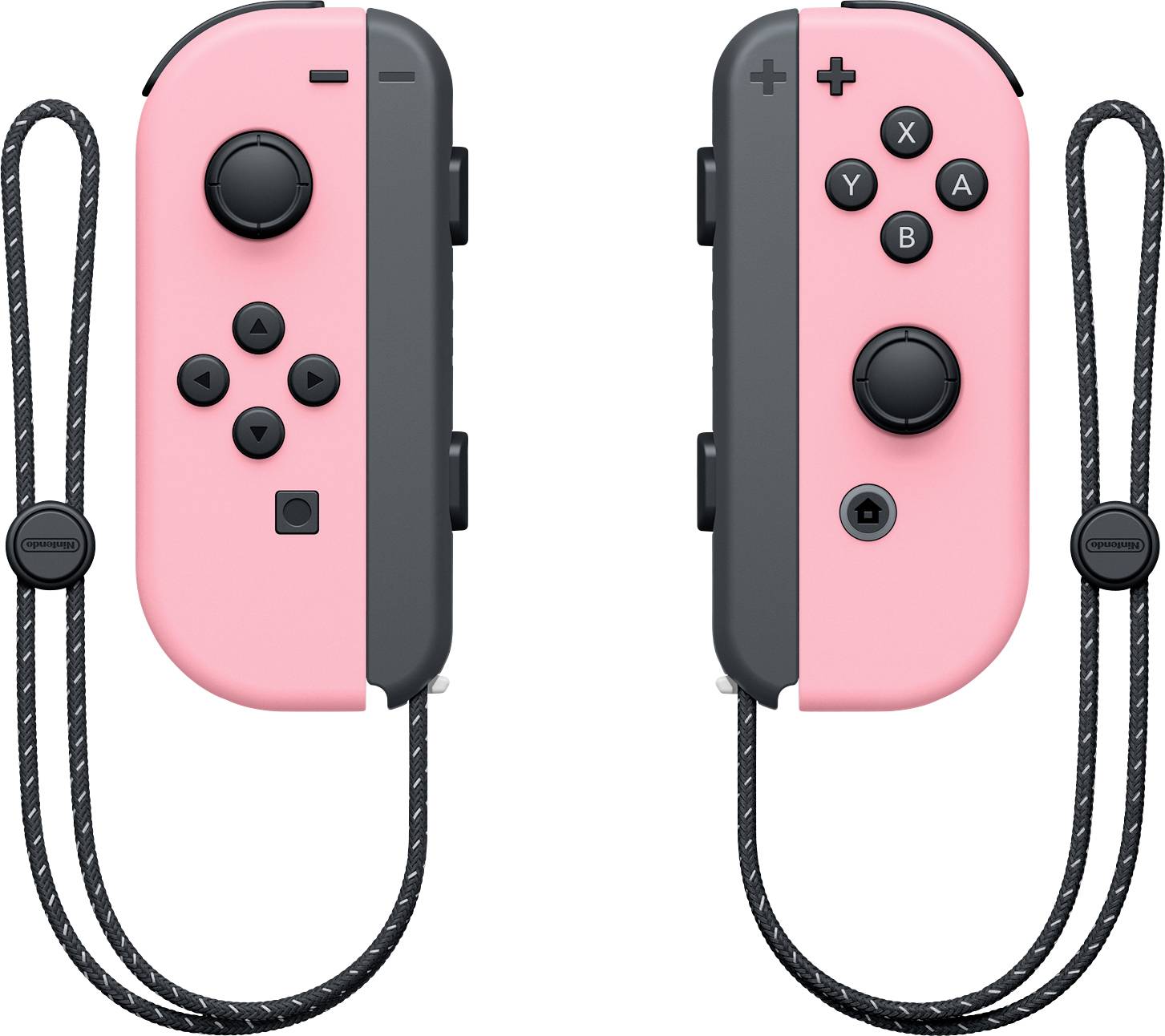 Due controller Joy-Con rosa con bordo nero e cinturini da polso, vista frontale.
