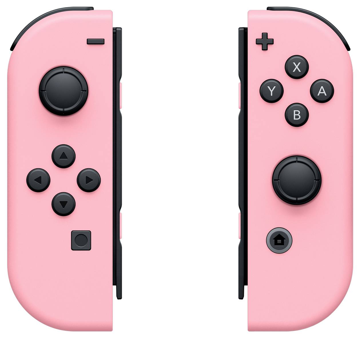 Due controller di console da gioco rosa, quello di sinistra con croce direzionale e tasti, quello di destra con quattro pulsanti di azione e tasto di avvio.