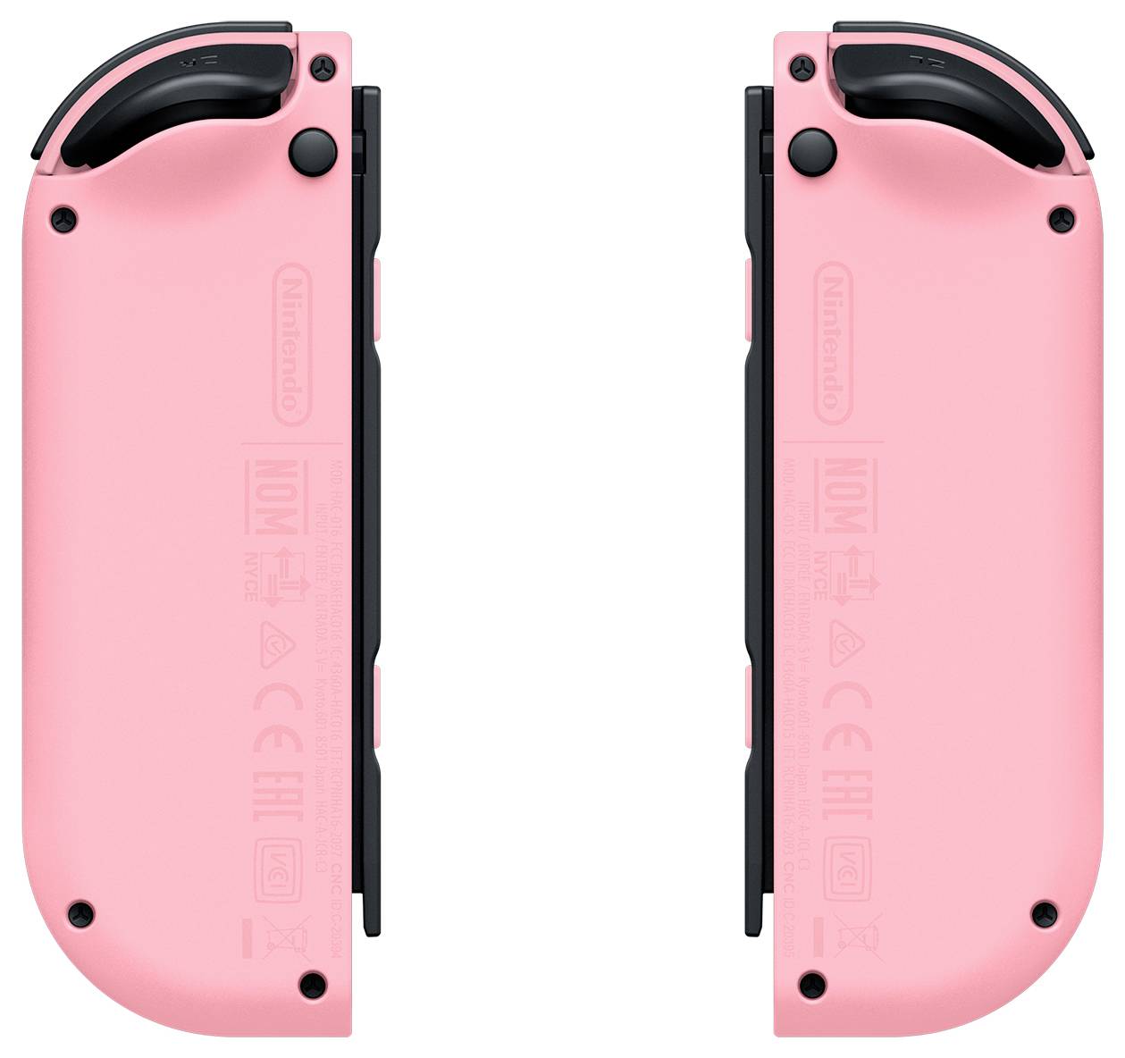 Due Joy-Con rosa, con il lato anteriore rivolto verso l'esterno. Sono parte del sistema Nintendo Switch e offrono un controllo sensibile al movimento.