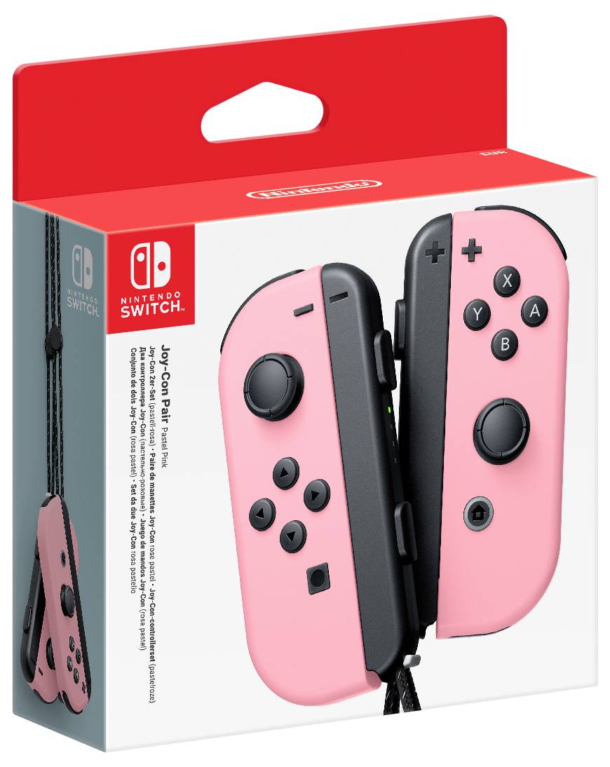Nintendo Switch Joy-Con in rosa e nero in una confezione di prodotto. Mostra due controller accoppiati insieme.