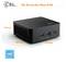 Mini PC CSL Narrow Box N100 nero con logo 'intel inside'; dimensioni: 47 mm di altezza, 106 mm di profondità, 114 mm di larghezza; porte frontali visibili.