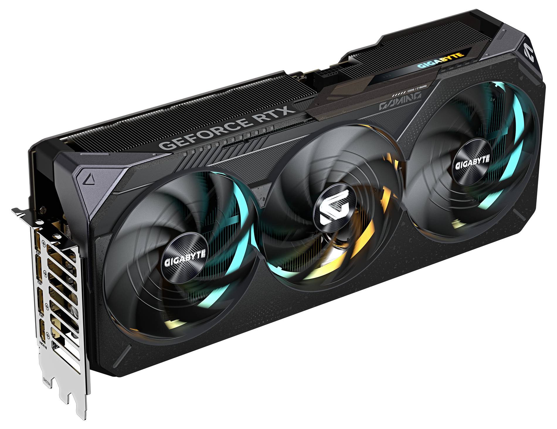Scheda grafica 'GIGABYTE GeForce RTX' con tre ventole, chassis nero e illuminazione. Progettata per il gaming.