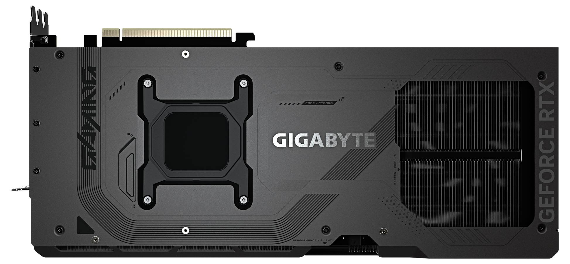Scheda grafica Gigabyte GeForce RTX, nera, con design robusto e alette di raffreddamento sul lato destro.