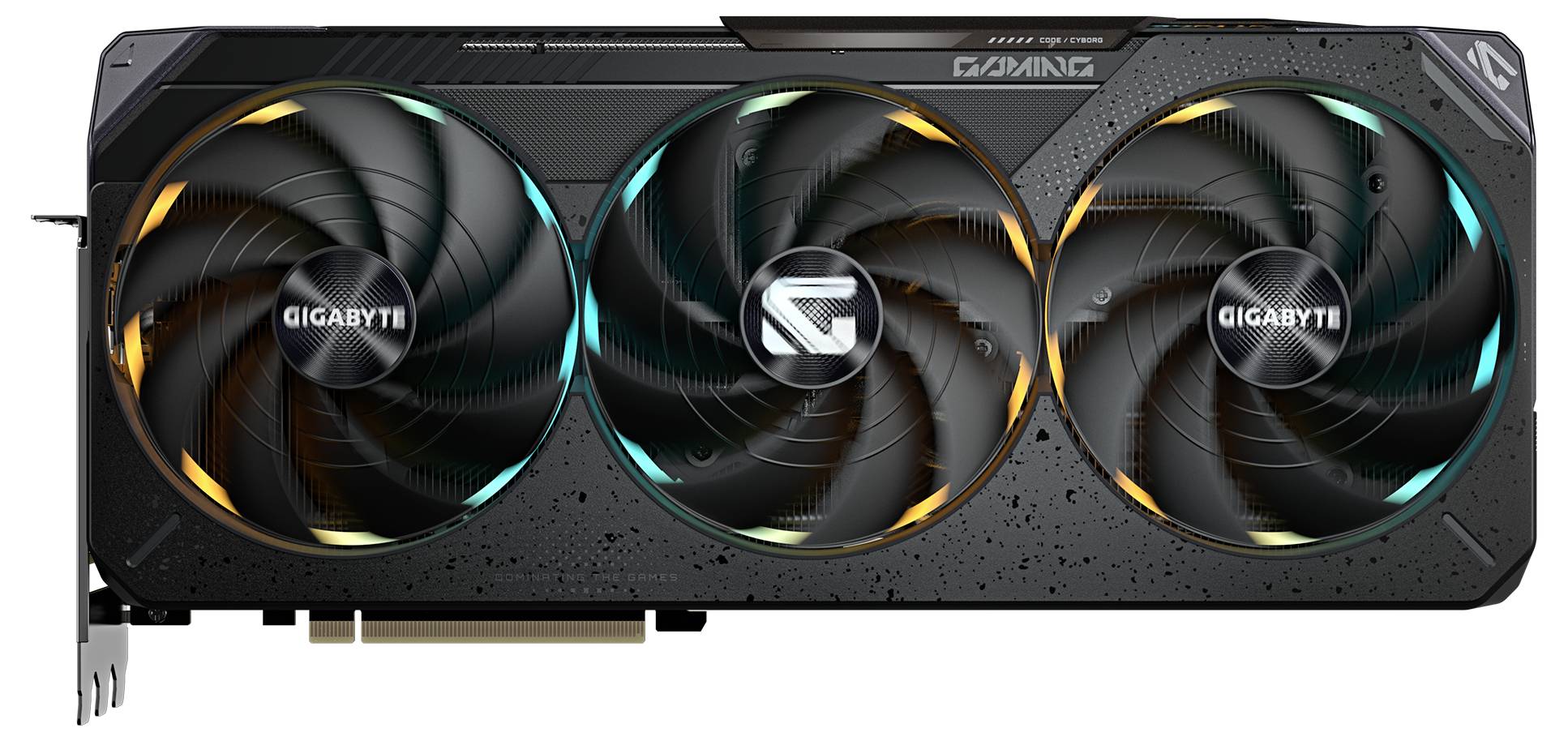 Scheda grafica con tre grandi ventole, involucro nero e anelli illuminati a colori, con il nome del marchio 'Gigabyte' visibile.