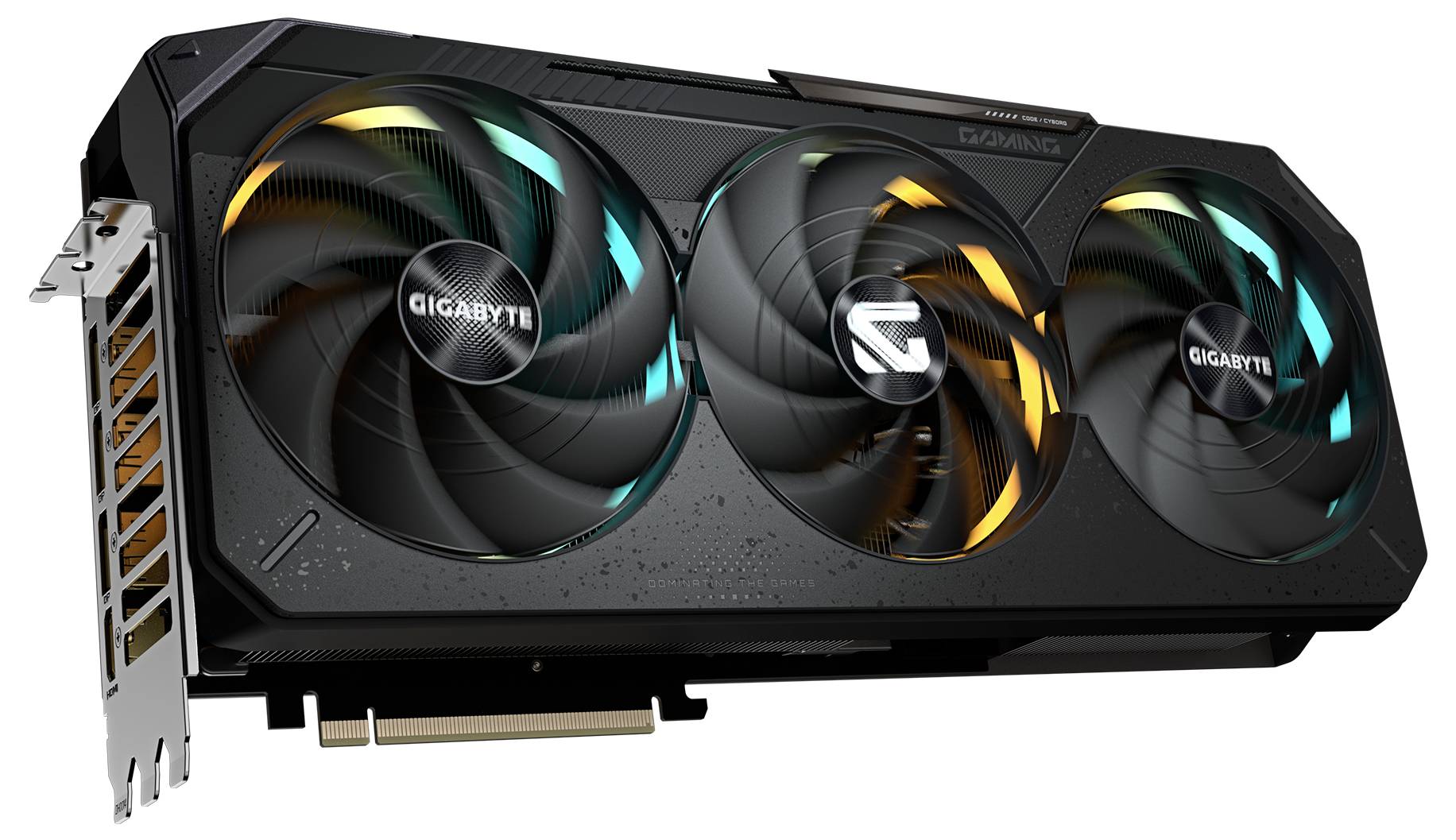 Una scheda grafica nera con tre grandi ventole, un connettore metallico e illuminazione RGB, contrassegnata con 'Gigabyte'.