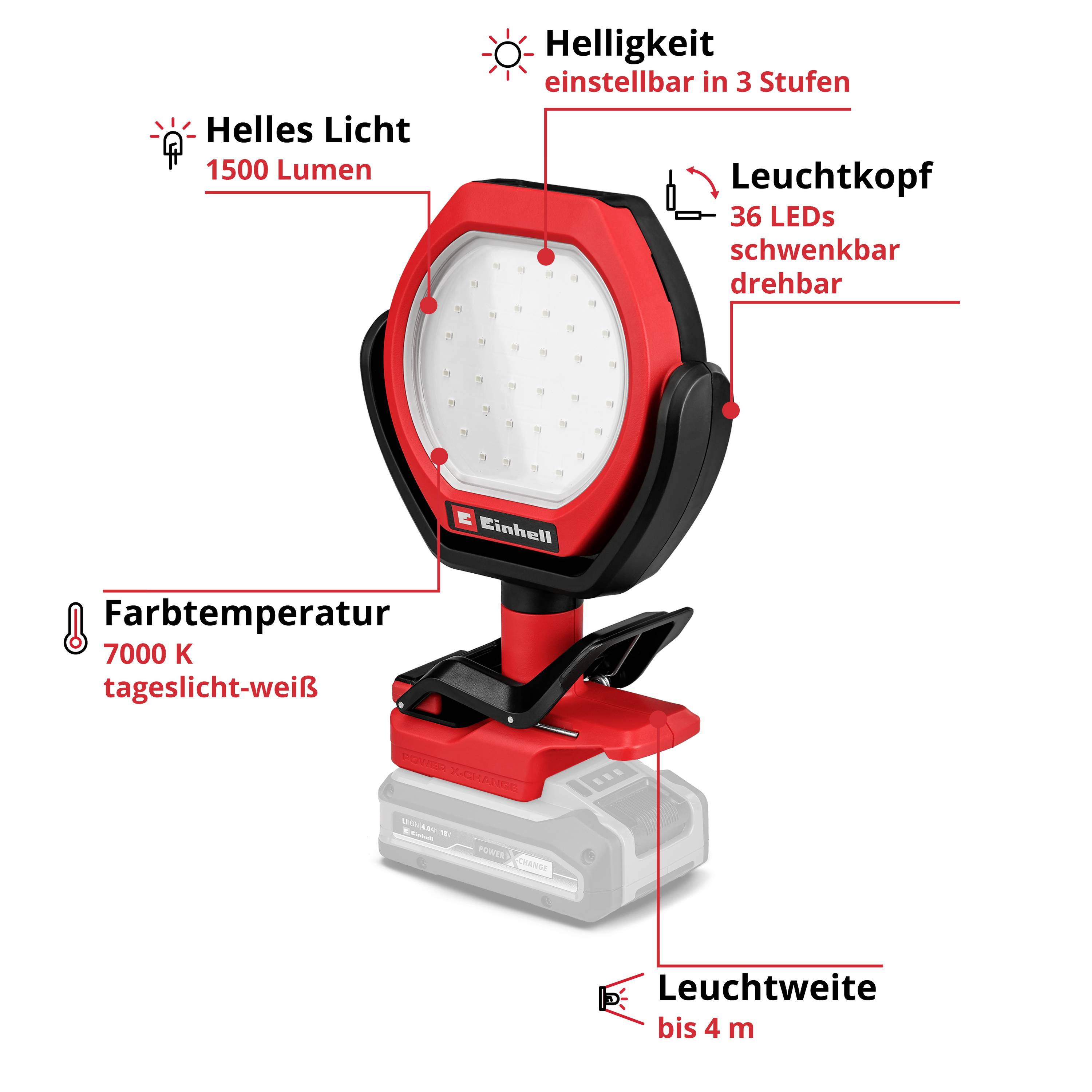 Lampada a batteria Einhell con 36 LED orientabili, 1500 lumen, 7000K. Luminosità regolabile su 3 livelli, portata luminosa fino a 4 m.
