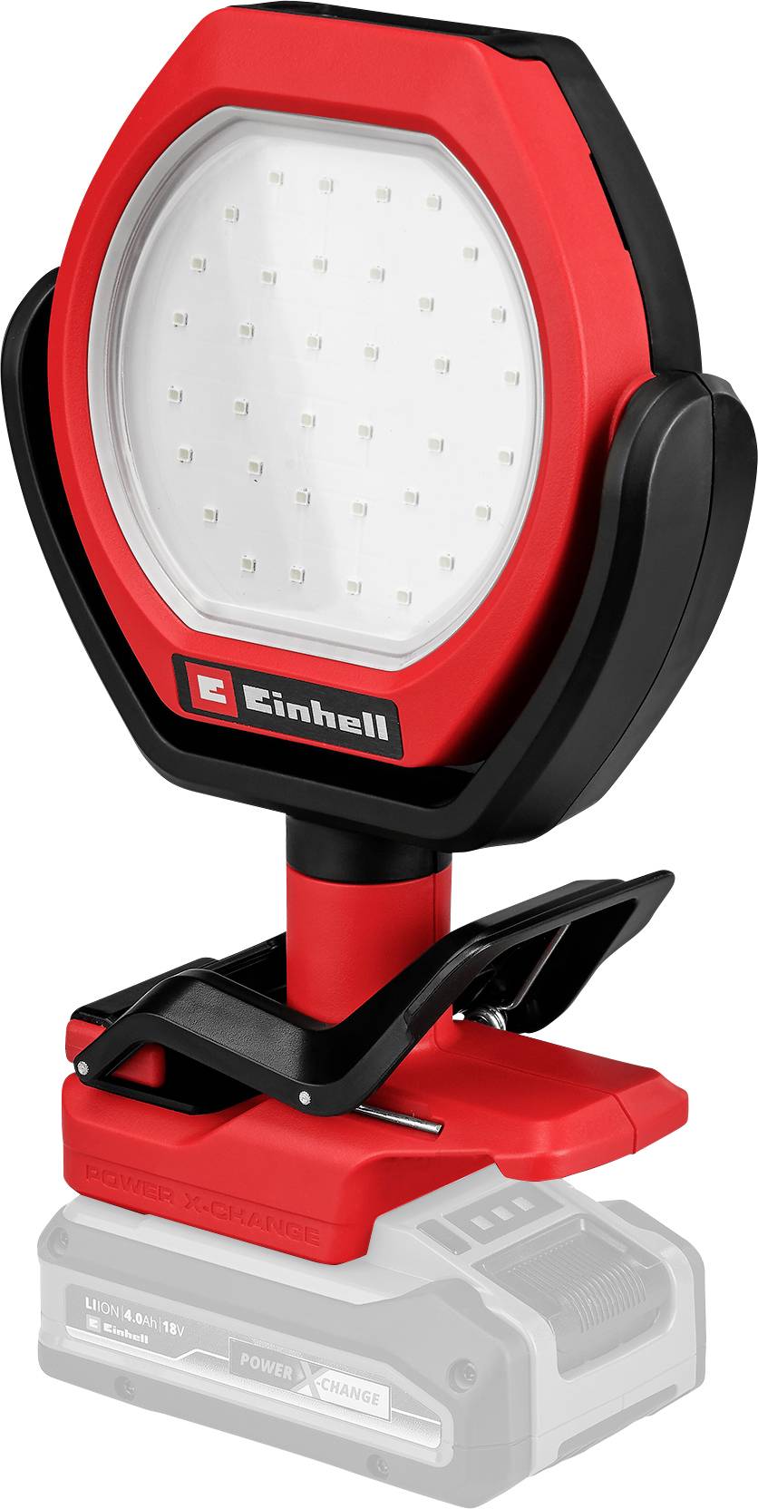 Lampada da lavoro a LED rossa con base nera e piede regolabile, idonea per il fissaggio su superfici. Marchio 'Einhell'.