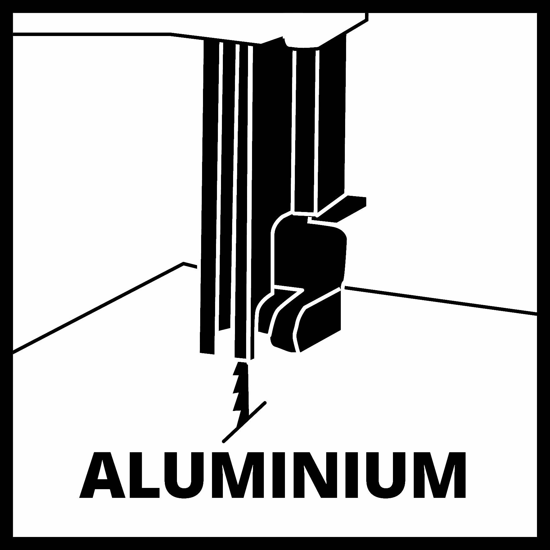 Pittogramma: Alluminio. Rappresentazione di un taglio di materiale eseguito con una fresa, con la parola Alluminio sottostante.