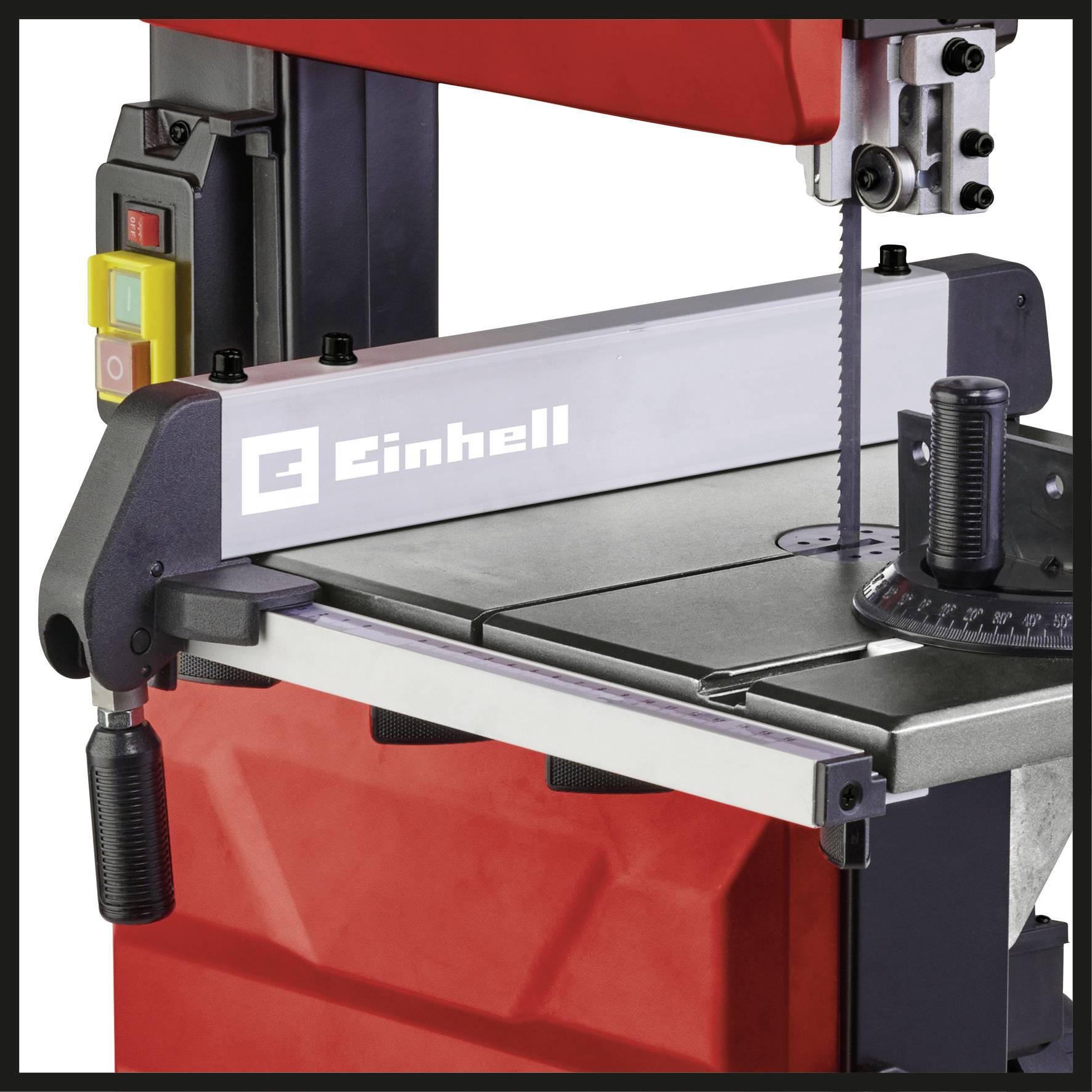 Segatrice a nastro Einhell, segatrice a nastro per metallo con involucro rosso, interruttore di montaggio a sinistra, guida di taglio precisa, adatta per lavorazioni metalliche.