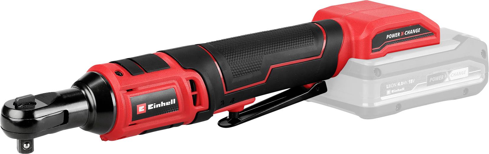 Avvitatore a percussione Einhell in rosso e nero. Contiene un logo Power X-Change. Compatto e portatile.