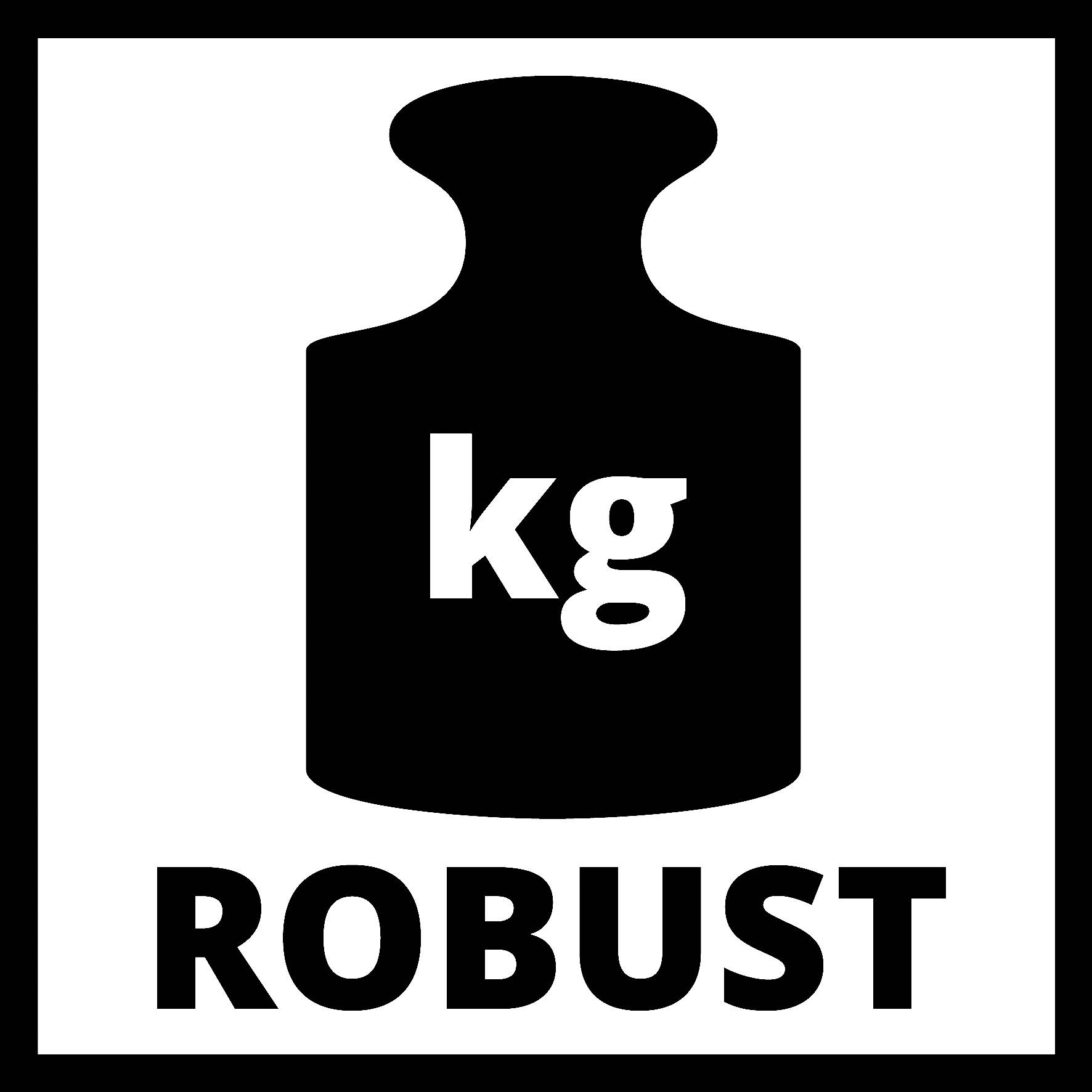 L'immagine mostra un simbolo con un peso e la scritta 'kg ROBUST', che simboleggia forza e resilienza.