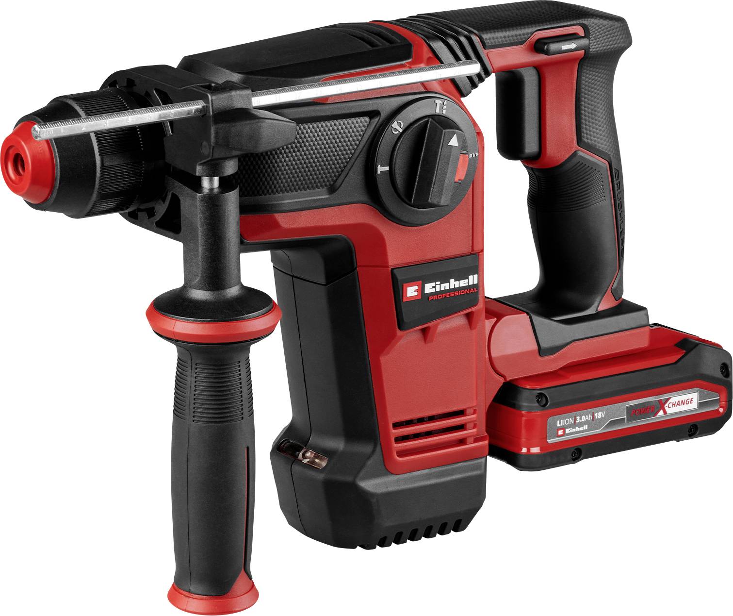 'Un martello perforatore a batteria rosso con impugnatura nera e logo Einhell. È cordless ed è dotato di un sistema di attacco SDS-Plus.'