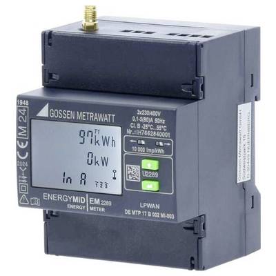 Un contatore digitale dell'energia mostra le seguenti informazioni: '9,71 kWh', '0 kW', 'In A'. Ulteriori dettagli tecnici sono visibili sul corpo del dispositivo.