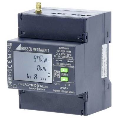 Un contatore energetico digitale mostra '97 kWh', '0 kW' e 'In A'. Il dispositivo reca l'iscrizione 'ENERGYMID' ed è prodotto da Gossen Metrawatt.