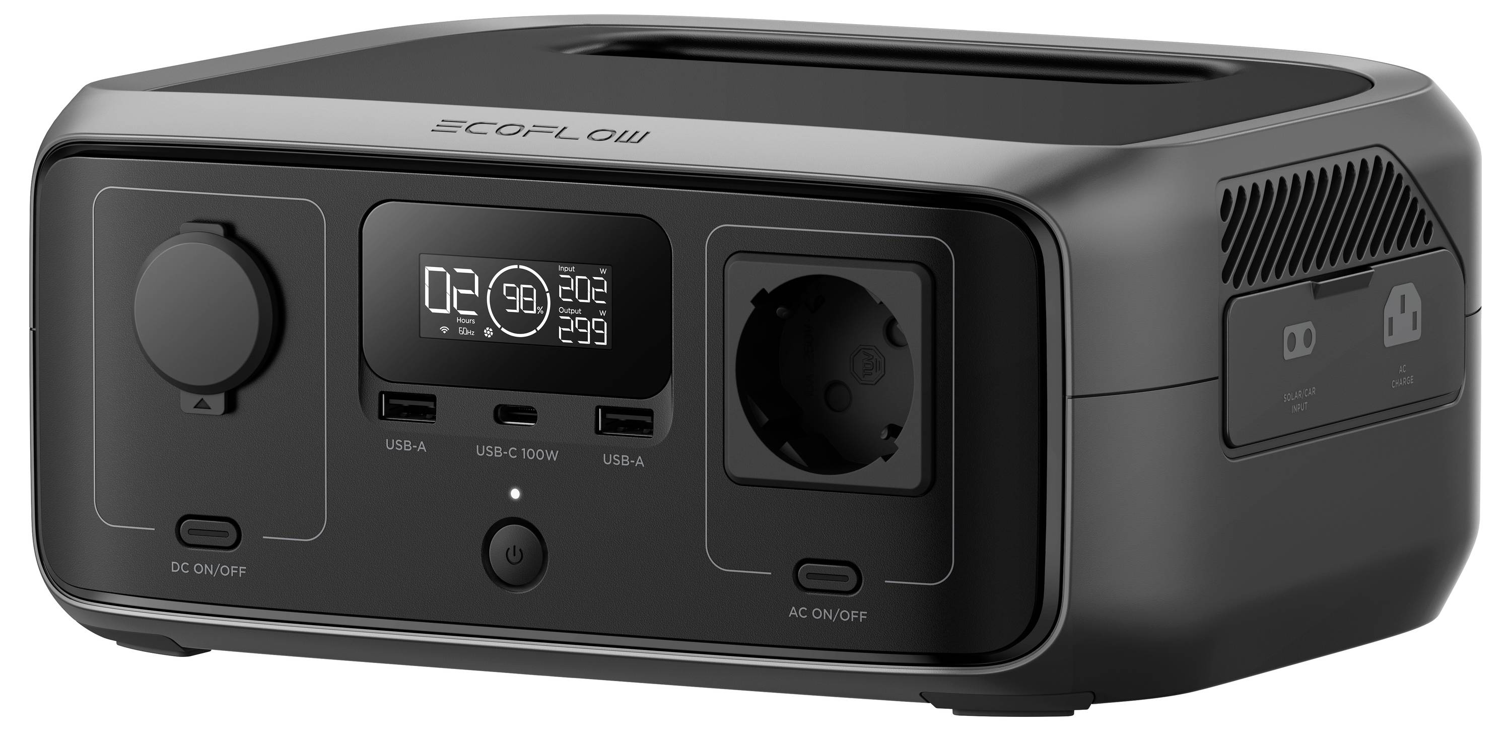 Stazione di alimentazione portatile, colore nero, con display digitale, multiple porte USB e una presa elettrica, idonea per l'alimentazione energetica mobile.