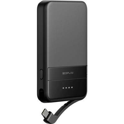 Caricabatterie portatile nero con cavo integrato e spie LED luminose che indicano lo stato di carica. Perfetto per essere utilizzato in viaggio.