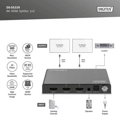 Digitus DS-55339 1+2 Porte Distributore, splitter HDMI Contenitore in metallo, Display a LED , Con LED di stato, Per uso-5
