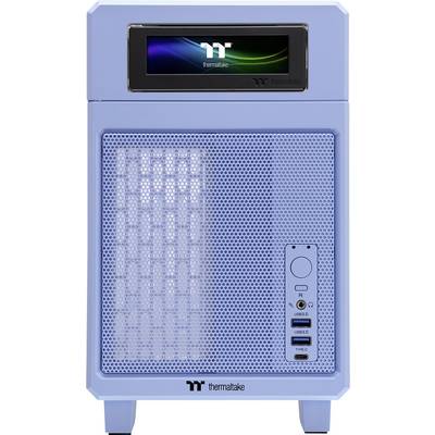 Un case per computer blu in posizione verticale. In alto è presente uno schermo con display grafico a colori. Nella parte inferiore si trovano porte USB e jack audio.