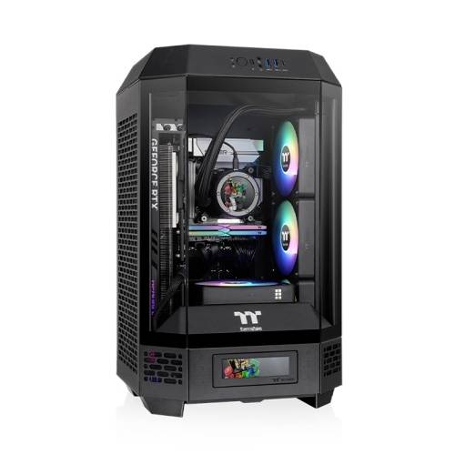 Un case nero per PC con una finestra trasparente mostra colorati componenti RGB all'interno, tra cui ventole e sistemi di raffreddamento.