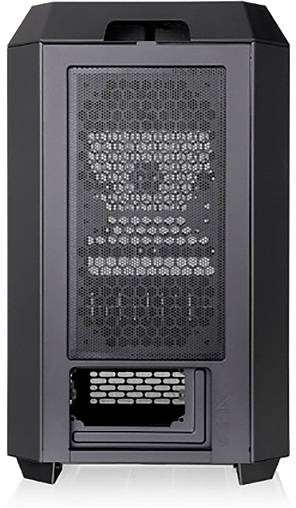 Custodia del computer nera, vista frontale, mostra le griglie di ventilazione e lo scomparto dell'unità aperto in basso.