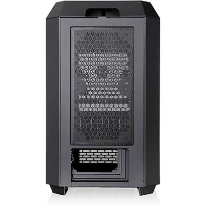 Custodia del computer nera, vista frontale, mostra le griglie di ventilazione e lo scomparto dell'unità aperto in basso.