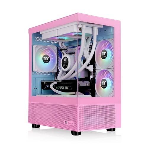 Un case per PC rosa con scheda grafica GeForce RTX visibile e ventole illuminate da LED RGB che creano un'illuminazione colorata.