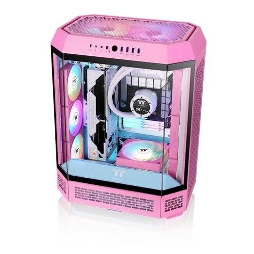 Un case per computer da gaming in rosa con frontale trasparente mostra tre ventole illuminate e un sistema di raffreddamento a liquido.
