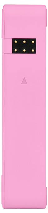 Un dispositivo rosa con un'area nera nella parte superiore che mostra sei punti di contatto dorati.