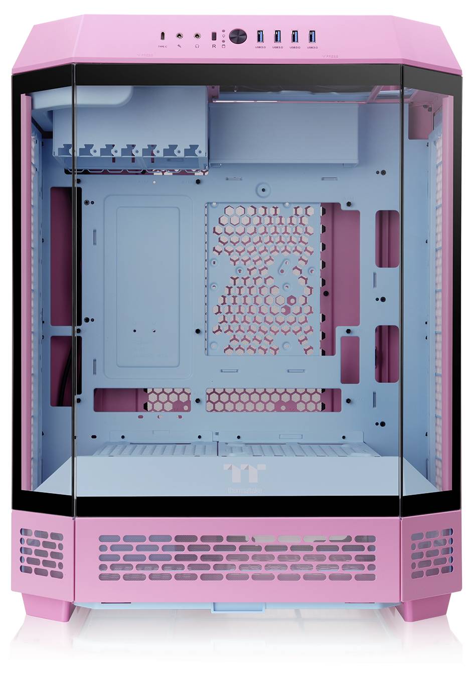 Case per PC in rosa e blu con frontale in vetro, multiple porte USB sulla parte superiore e struttura a nido d'ape per la ventilazione interna.