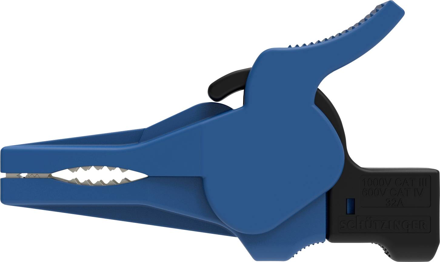 Una pinza a coccodrillo blu in plastica con ganasce metalliche dentate, utilizzata per i collegamenti elettrici.