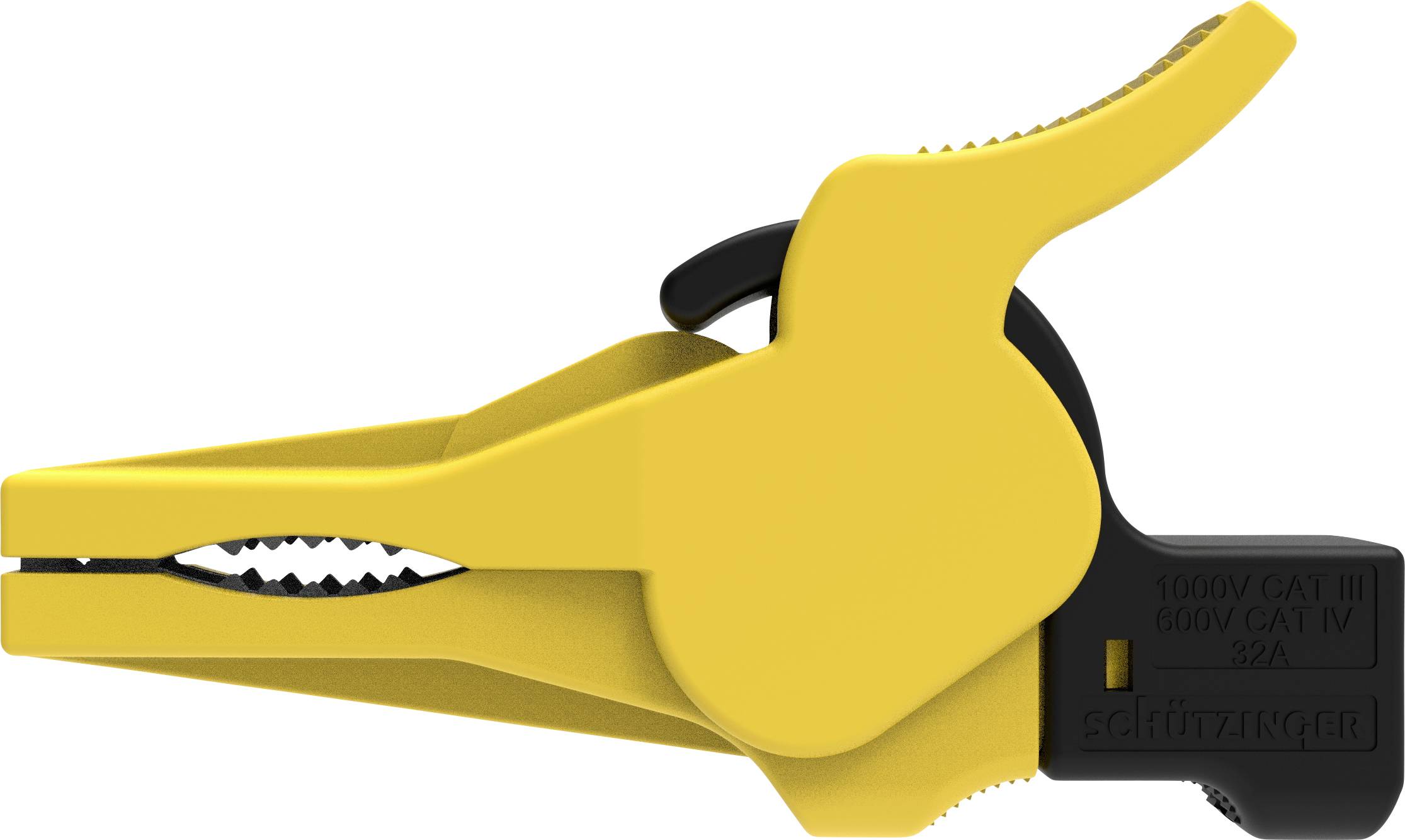 Un morsetto a coccodrillo giallo con impugnatura nera, contrassegnato con '1000V CAT III, 600V CAT IV 22A', utilizzato per applicazioni elettriche.
