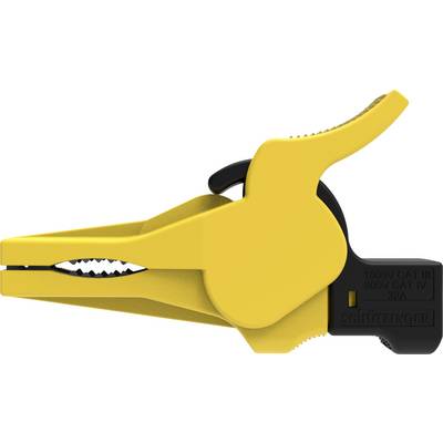 Un morsetto a coccodrillo giallo con impugnatura nera, contrassegnato con '1000V CAT III, 600V CAT IV 22A', utilizzato per applicazioni elettriche.