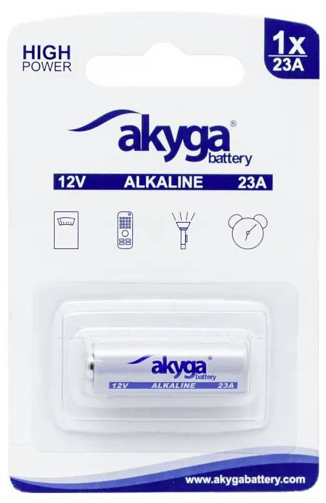 Una batteria alcalina da 12V marca "Akyga", modello 23A, in confezione blister. Adatta per telecomandi, torce e orologi.