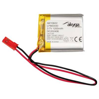 Una batteria agli ioni di litio polimeri da 3,7 V e 1200 mAh. Ha fili di connessione rossi e neri e un avvertimento di non cortocircuitare.