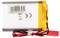 Una batteria al litio-polimero rettangolare con bordo giallo e un connettore rosso. Contiene simboli di riciclaggio e certificazione CE.
