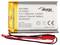 Una batteria agli ioni di litio-polimero con la scritta '3.7V, 1850mAh, 6.85Wh'. Contiene avvertenze e un cavo con un connettore rosso.
