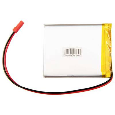 Batteria Lithium-Polimeri con cavo rosso e nero e etichetta con codice a barre, isolata su sfondo bianco.