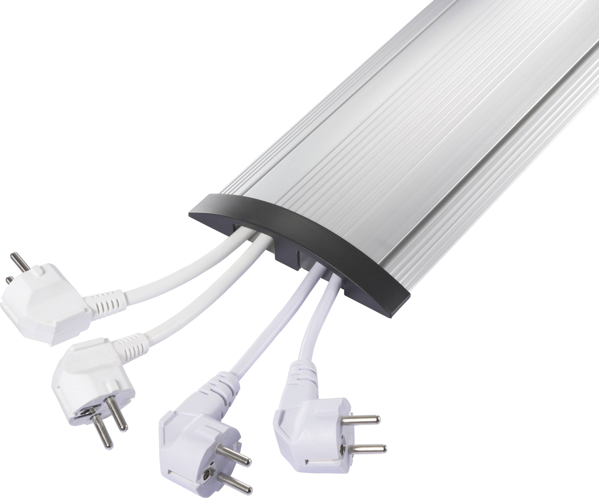 Un canale per cavi con diverse spine elettriche sporge. I cavi sono collegati a una guida argentata che provvede all'organizzazione.