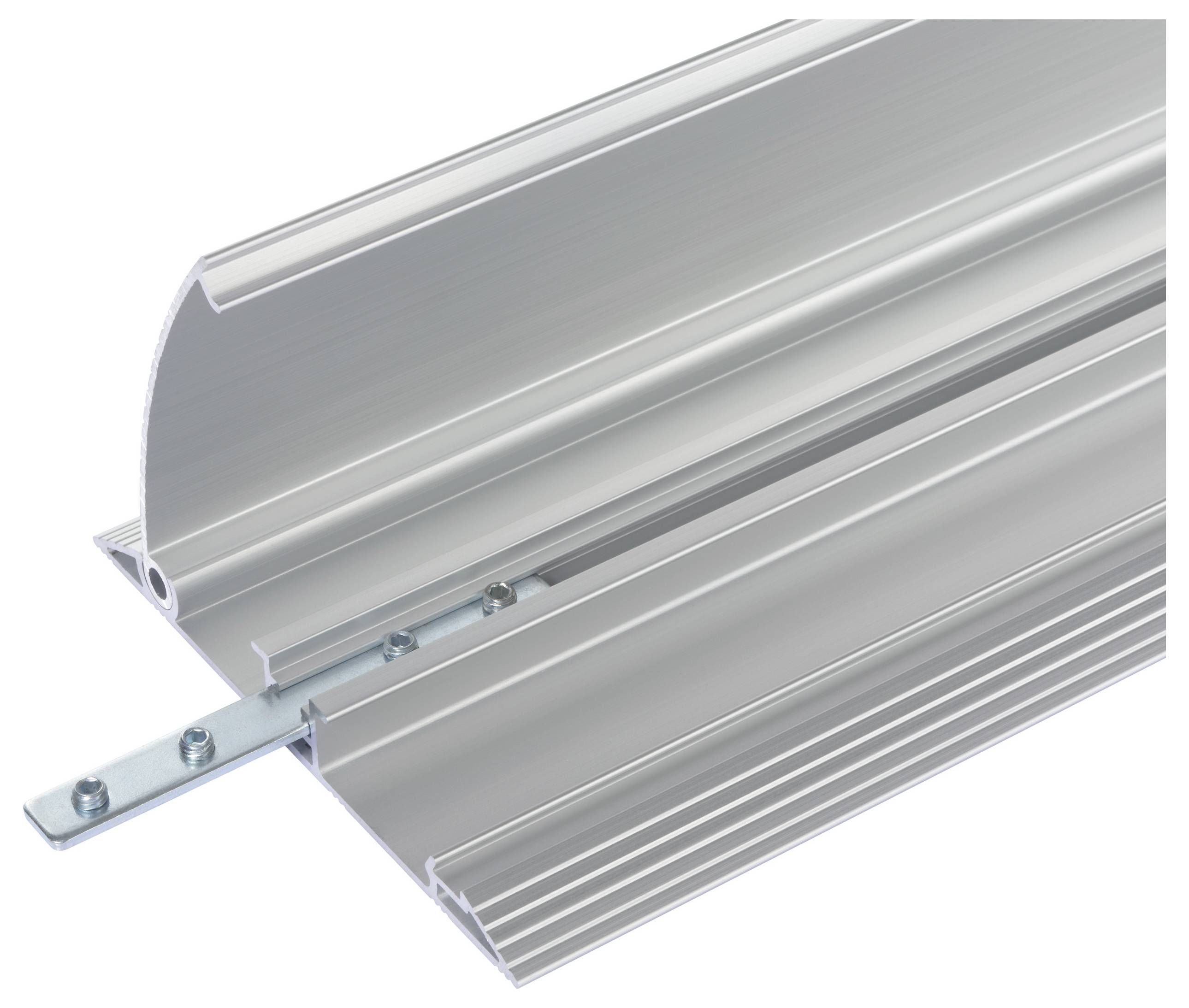 Profilo in alluminio a forma di L con guida, utilizzato per fissaggi o installazioni. Principalmente impiegato nel settore edile o tecnico-industriale.
