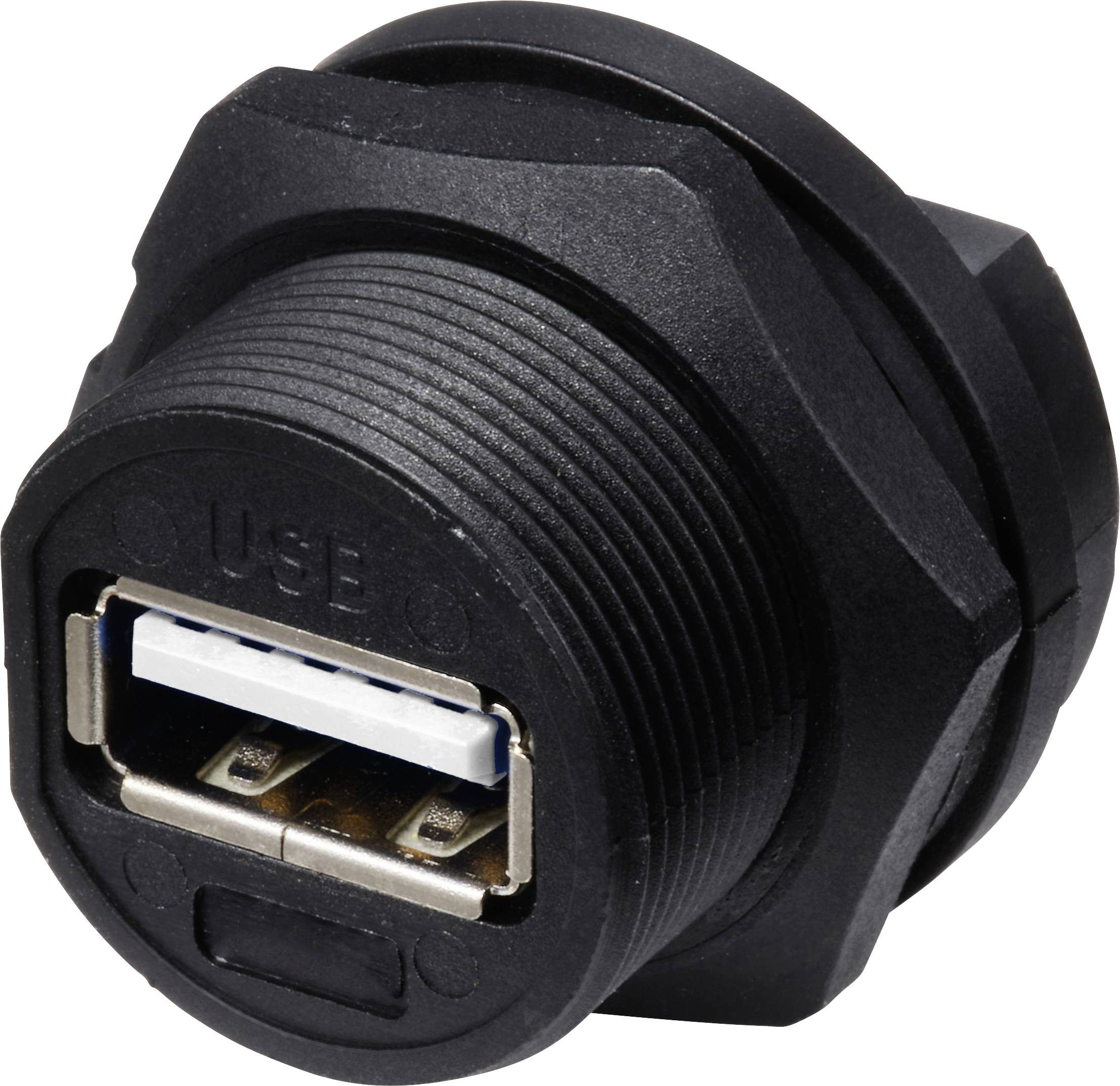 Adattatore USB nero con forma cilindrica, dotato di filettatura per il fissaggio, idoneo per connessioni di interfacce elettriche.