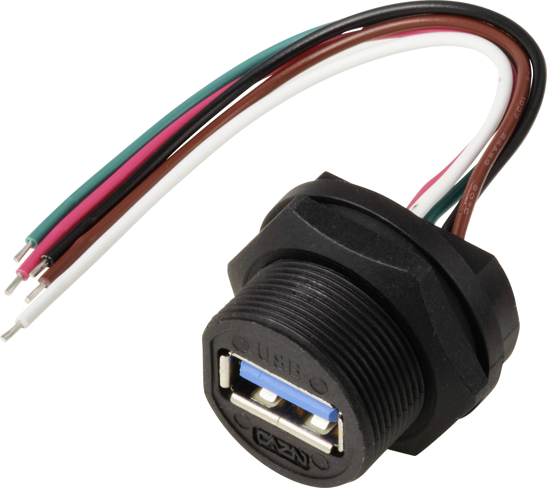 Un connettore USB 3.0 da pannello con cinque fili collegati (rosso, verde, bianco, nero, marrone) utilizzato per il collegamento di dispositivi elettronici.