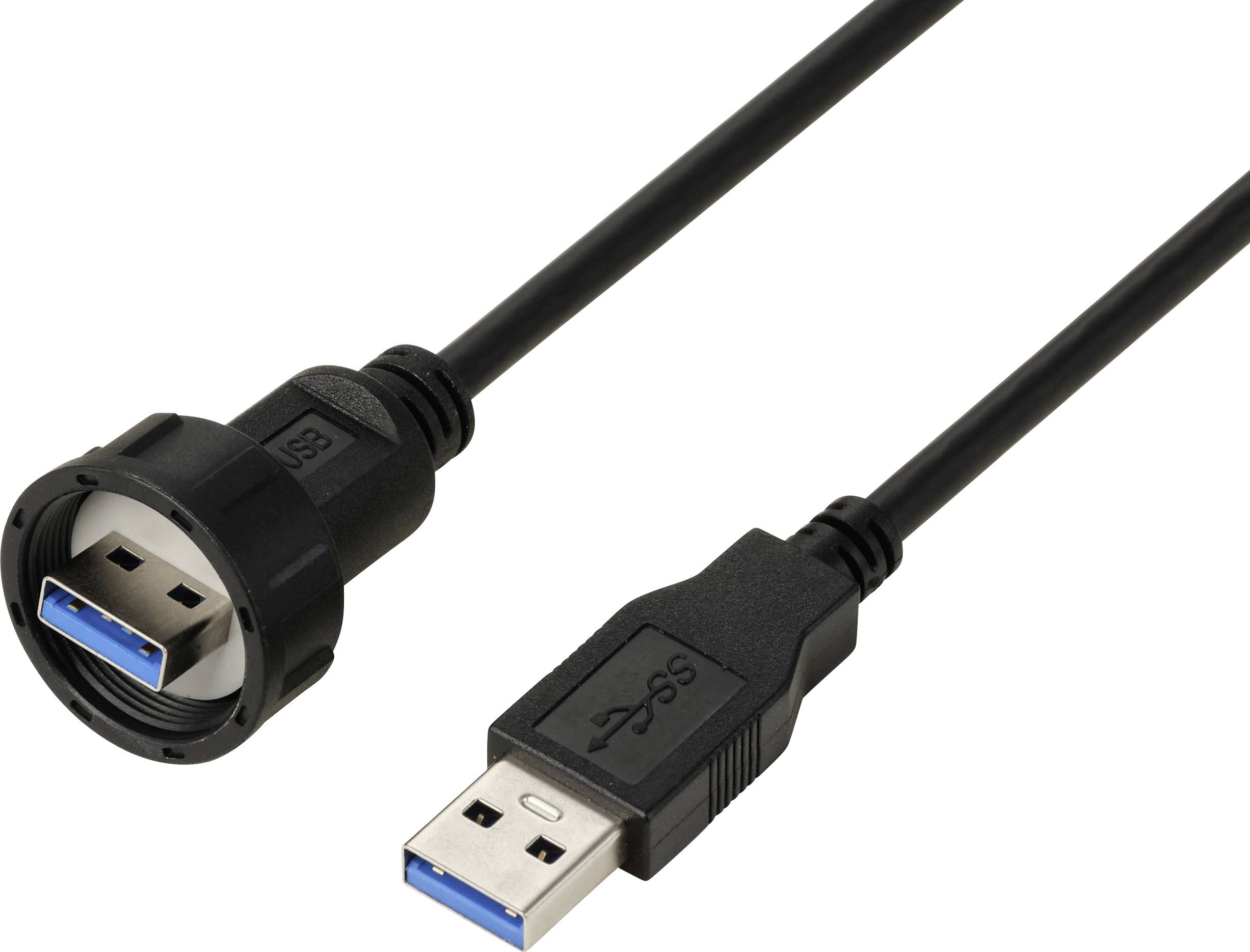 Cavo USB 3.0 con connettore maschio a sinistra e connettore USB Tipo-A a destra. Adatto per il trasferimento dati ad alta velocità.