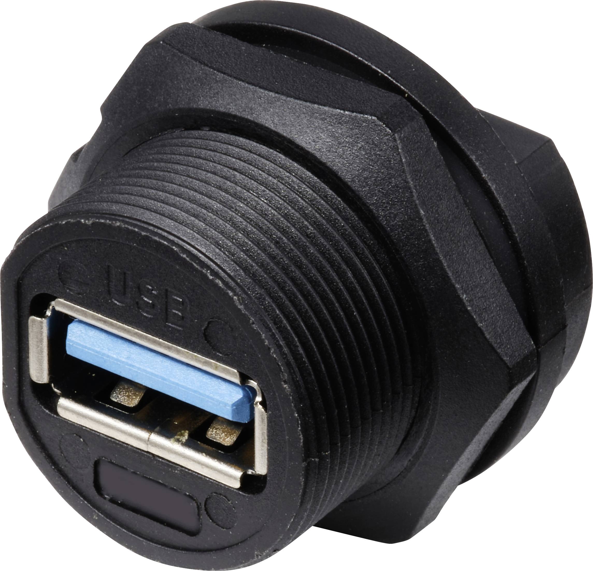 Un connettore USB nero con interno blu, integrato in un alloggiamento cilindrico, adatto per applicazioni robuste.