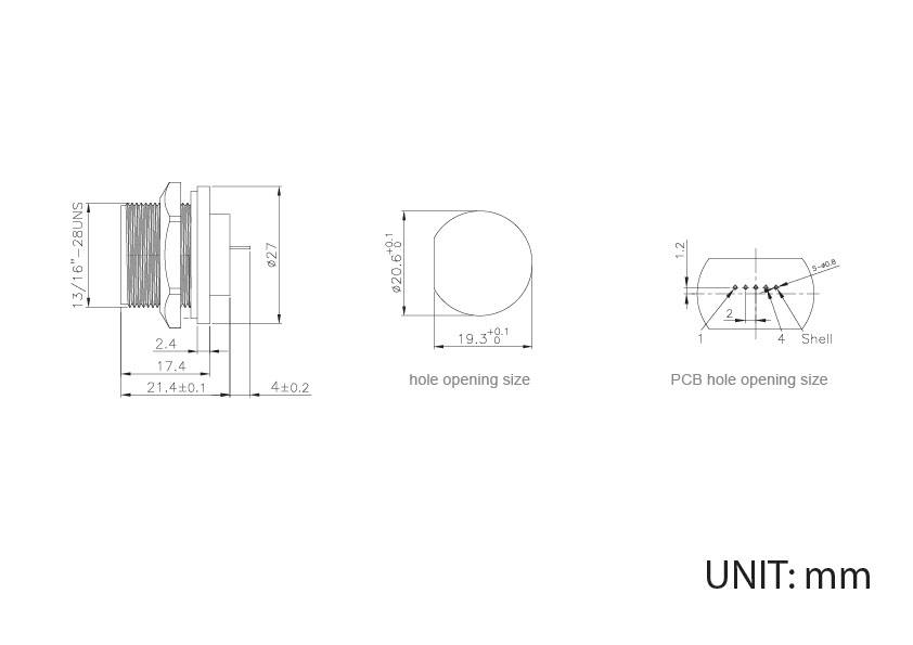 Disegno tecnico di un connettore con misure dettagliate. A sinistra: vista laterale con filettatura, al centro: dimensioni dei fori, a destra: dimensione del foro per scheda elettronica. Unità di misura: millimetri.