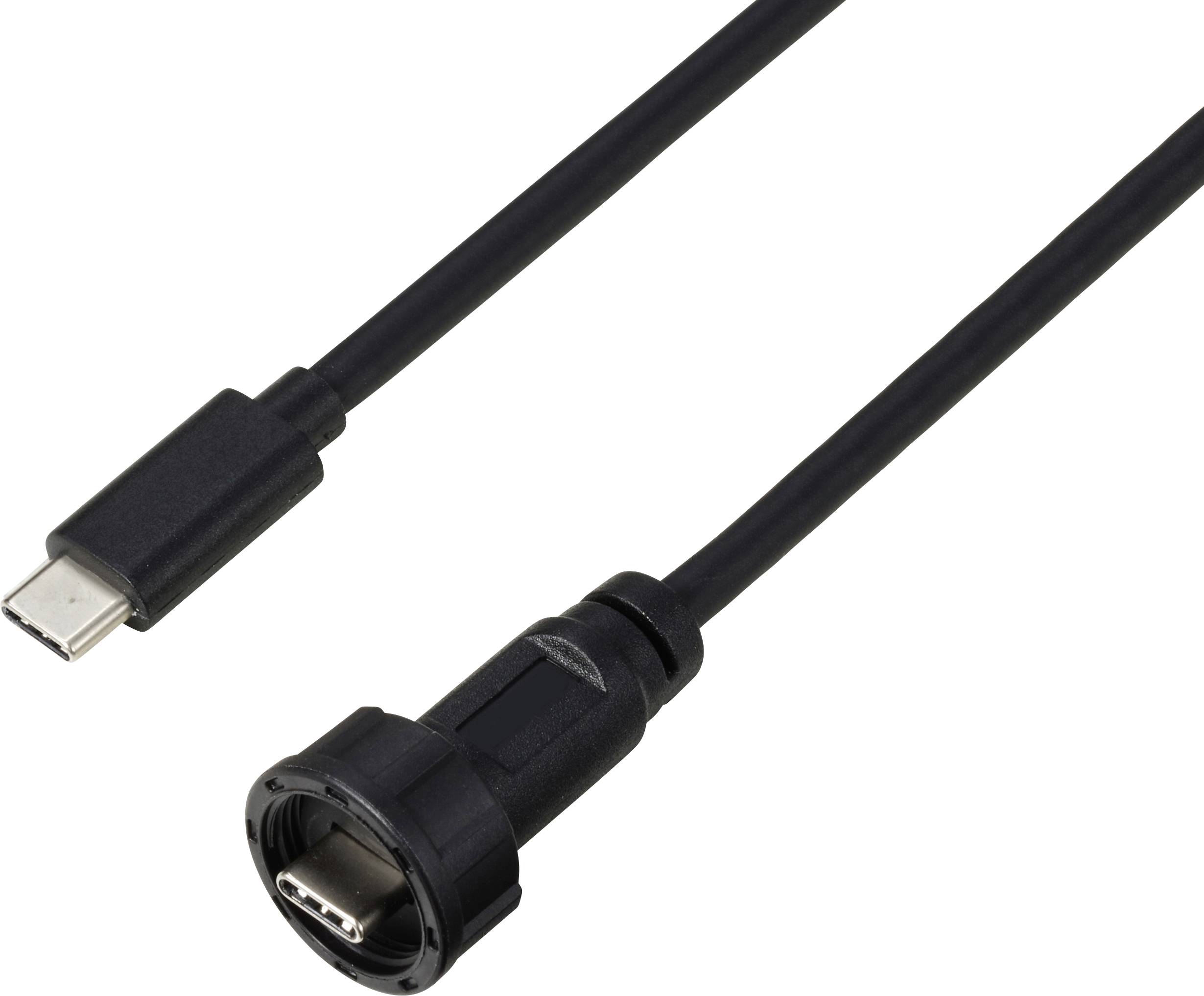 Due cavi neri. A sinistra un connettore USB-C, a destra un robusto connettore rotondo. Potrebbero essere utilizzati per connessioni robuste tra dispositivi.