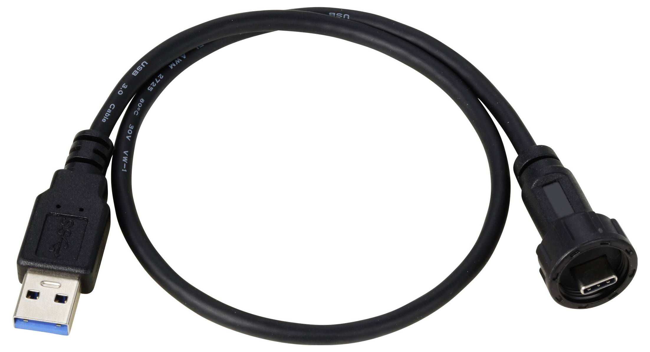 Un cavo USB nero con un connettore USB-A sul lato sinistro e un connettore USB-C sul lato destro.